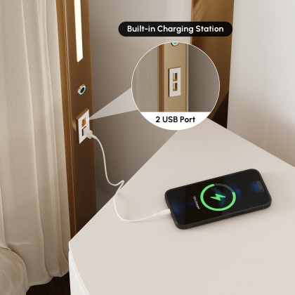 HMR - King Size Velvet Ruched Upholstered Bed Frame with Light & Charging Station