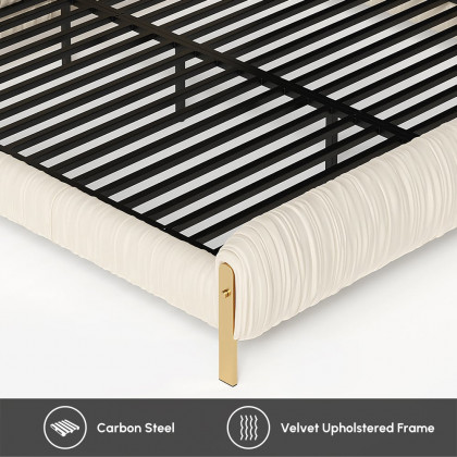 HMR - King Size Velvet Ruched Upholstered Bed Frame with Light & Charging Station