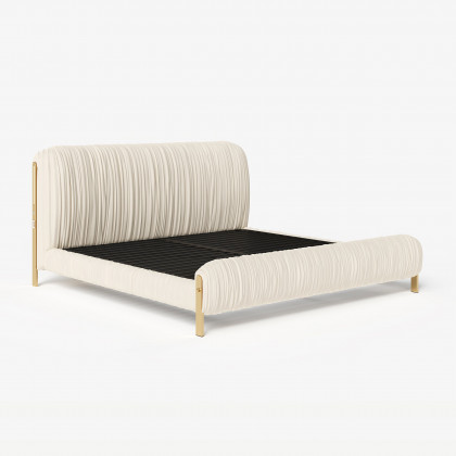 HMR - King Size Velvet Ruched Upholstered Bed Frame with Light & Charging Station