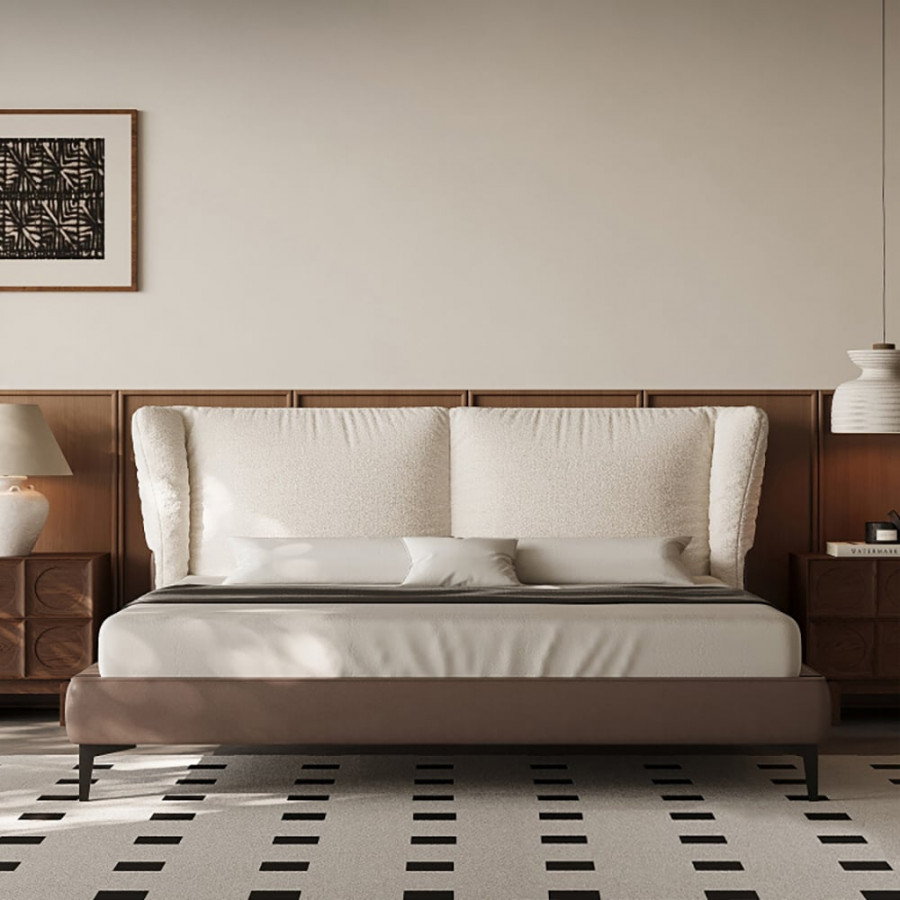 HMR - King Size Boucle & Leather Upholstered Headboard Bed Frame