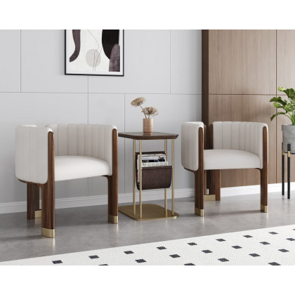 HMR Leather Fluted Upholstered Accent Chair with Wood Frame (Set of 2) - White
