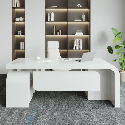 HMR L-shaped Modern Executive Desk & Reclining Leather Office Chair - White, 63.0"L x 63.0"W x 29.9"H, Right Hand