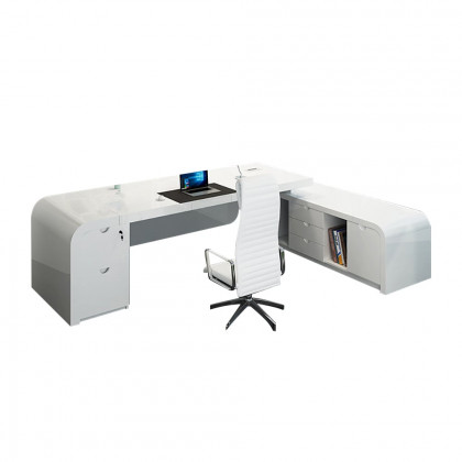HMR L-shaped Modern Executive Desk & Reclining Leather Office Chair - White, 63.0"L x 63.0"W x 29.9"H, Right Hand