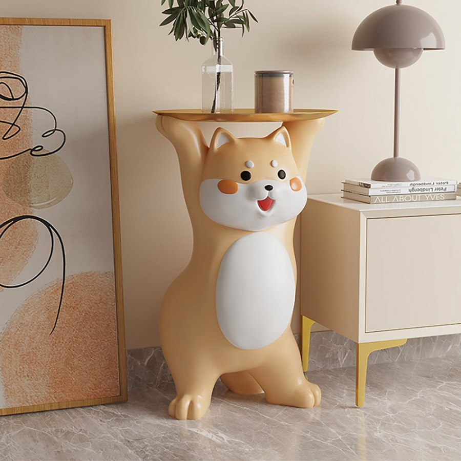 HMR - Modern Dog Side Table Resin Figurine with Gold Tray