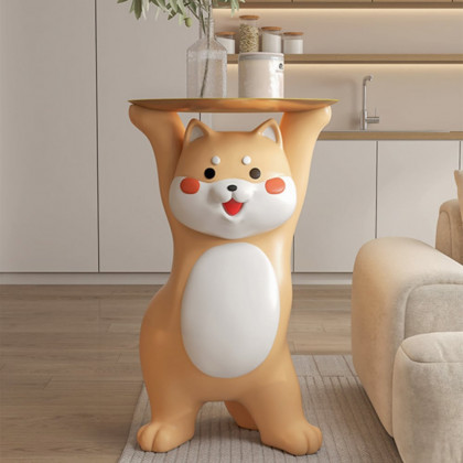 HMR - Modern Dog Side Table Resin Figurine with Gold Tray