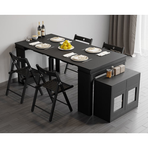 HMR Dining Set 70.9" Farmhouse Rectangle Folding Storage Dining Table With 4 Chairs - Black
