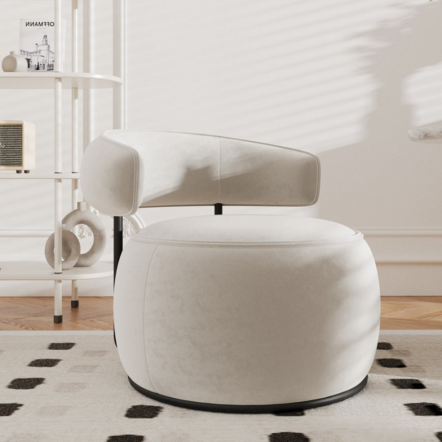 HMR - Modern Off-White Swivel Armchair Barrel Accent Chair Velvet Upholstered