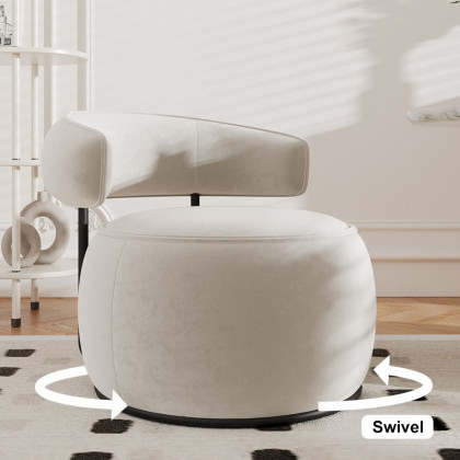 HMR - Modern Off-White Swivel Armchair Barrel Accent Chair Velvet Upholstered