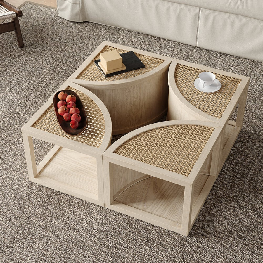 HMR - Round to Square Block Modular Coffee Table White Oak Rattan with Storage 4 Piece