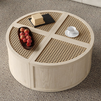 HMR - Round to Square Block Modular Coffee Table White Oak Rattan with Storage 4 Piece