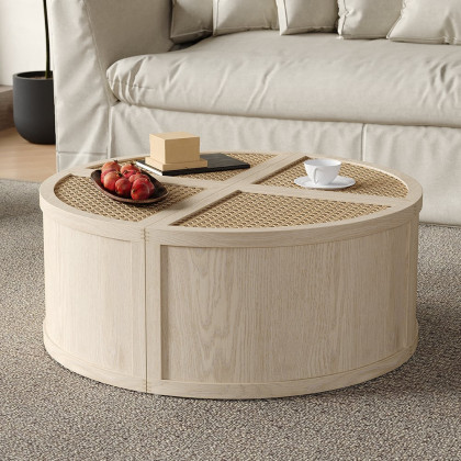 HMR - Round to Square Block Modular Coffee Table White Oak Rattan with Storage 4 Piece