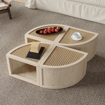HMR - Round to Square Block Modular Coffee Table White Oak Rattan with Storage 4 Piece