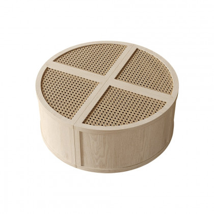 HMR - Round to Square Block Modular Coffee Table White Oak Rattan with Storage 4 Piece
