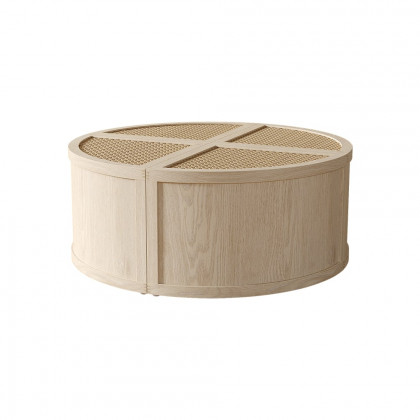HMR - Round to Square Block Modular Coffee Table White Oak Rattan with Storage 4 Piece