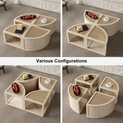 HMR - Round to Square Block Modular Coffee Table White Oak Rattan with Storage 4 Piece
