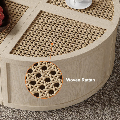 HMR - Round to Square Block Modular Coffee Table White Oak Rattan with Storage 4 Piece