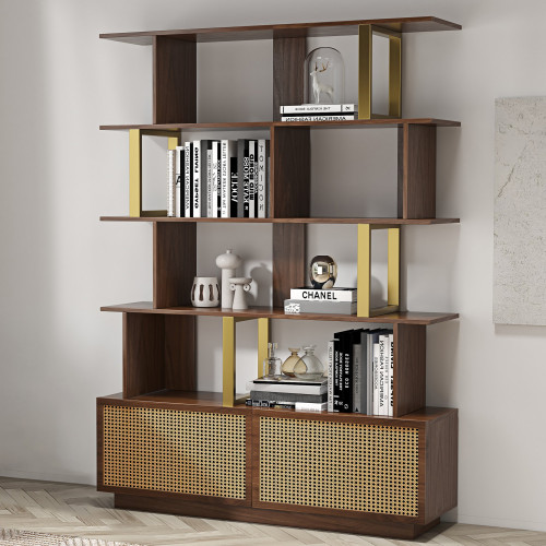 HMR 5-Tier Wood Bookshelf with 2 Doors Modern Bookcase in Gold Finish - Walnut
