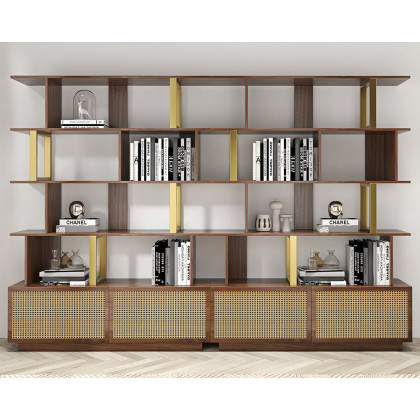 HMR 5-Tier Wood Bookshelf with 2 Doors Modern Bookcase in Gold Finish - Walnut