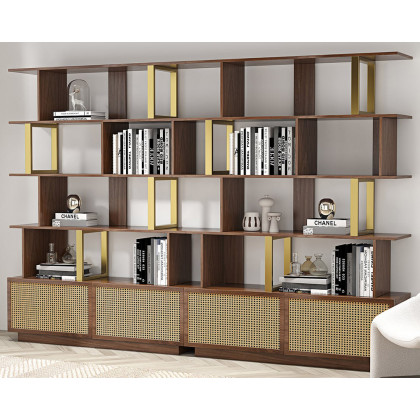 HMR 5-Tier Wood Bookshelf with 2 Doors Modern Bookcase in Gold Finish - Walnut