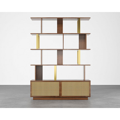 HMR 5-Tier Wood Bookshelf with 2 Doors Modern Bookcase in Gold Finish - Walnut