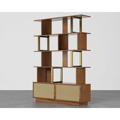 HMR 5-Tier Wood Bookshelf with 2 Doors Modern Bookcase in Gold Finish - Walnut