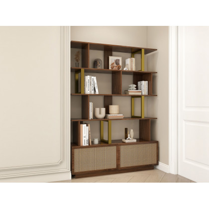 HMR 5-Tier Wood Bookshelf with 2 Doors Modern Bookcase in Gold Finish - Walnut