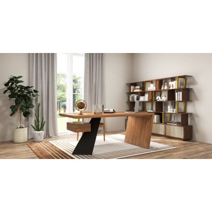 HMR 5-Tier Wood Bookshelf with 2 Doors Modern Bookcase in Gold Finish - Walnut