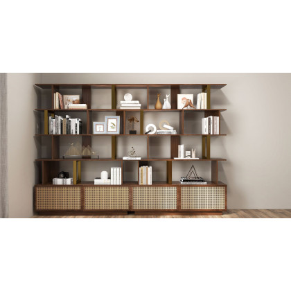 HMR 5-Tier Wood Bookshelf with 2 Doors Modern Bookcase in Gold Finish - Walnut