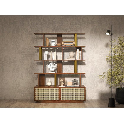 HMR 5-Tier Wood Bookshelf with 2 Doors Modern Bookcase in Gold Finish - Walnut