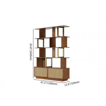 HMR 5-Tier Wood Bookshelf with 2 Doors Modern Bookcase in Gold Finish - Walnut