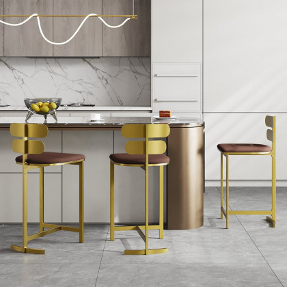 HMR Modern PU Leather Counter Stools with Upholstery - Brown, 6-Pieces