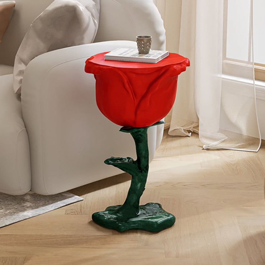HMR - Modern Small End Table Red Resin Rose Sculpture Cute Pedestal Side Table with Tray