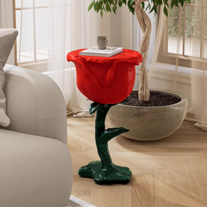 HMR - Modern Small End Table Red Resin Rose Sculpture Cute Pedestal Side Table with Tray
