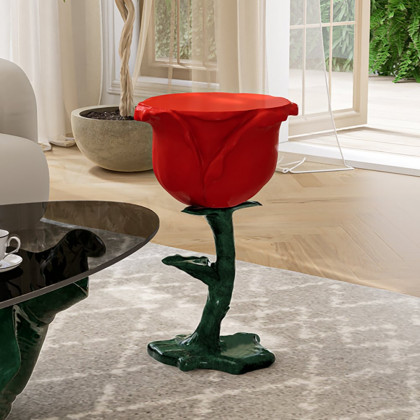 HMR - Modern Small End Table Red Resin Rose Sculpture Cute Pedestal Side Table with Tray