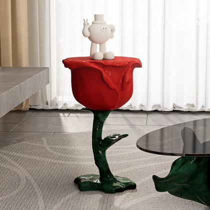 HMR - Modern Small End Table Red Resin Rose Sculpture Cute Pedestal Side Table with Tray