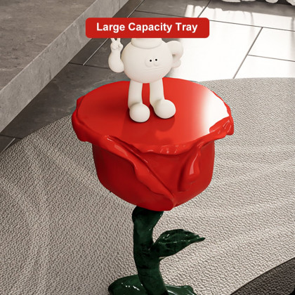 HMR - Modern Small End Table Red Resin Rose Sculpture Cute Pedestal Side Table with Tray