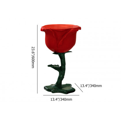 HMR - Modern Small End Table Red Resin Rose Sculpture Cute Pedestal Side Table with Tray