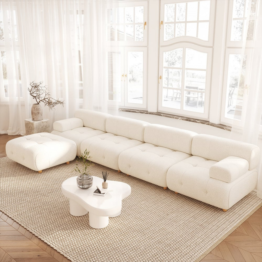 HMR - Modern L-Shaped Modular White Boucle Corner Sectional Sofa Loveseat with Wood Legs