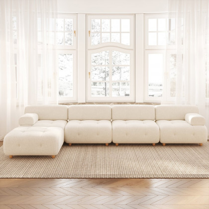 HMR - Modern L-Shaped Modular White Boucle Corner Sectional Sofa Loveseat with Wood Legs