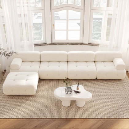 HMR - Modern L-Shaped Modular White Boucle Corner Sectional Sofa Loveseat with Wood Legs