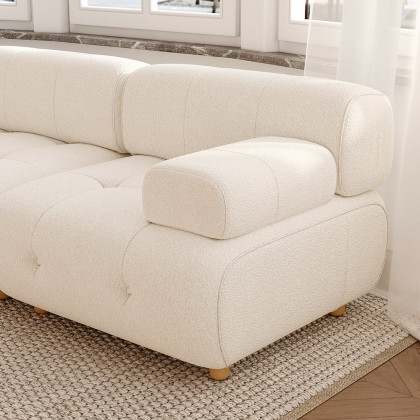 HMR - Modern L-Shaped Modular White Boucle Corner Sectional Sofa Loveseat with Wood Legs