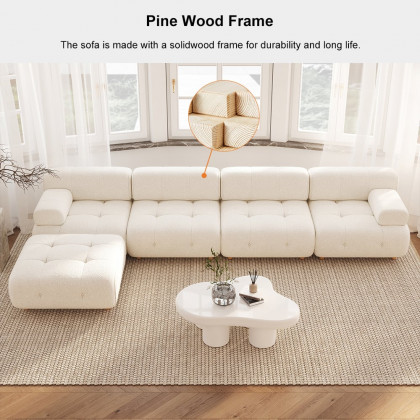 HMR - Modern L-Shaped Modular White Boucle Corner Sectional Sofa Loveseat with Wood Legs