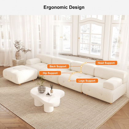 HMR - Modern L-Shaped Modular White Boucle Corner Sectional Sofa Loveseat with Wood Legs
