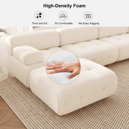 HMR - Modern L-Shaped Modular White Boucle Corner Sectional Sofa Loveseat with Wood Legs
