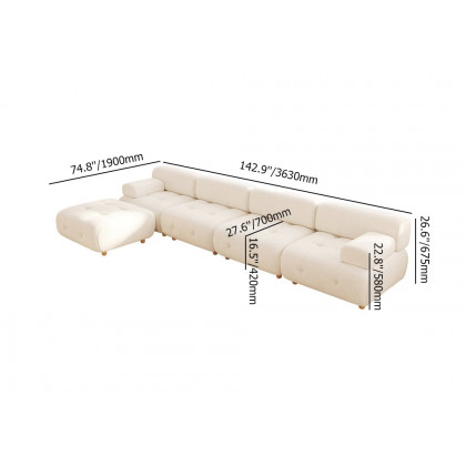 HMR - Modern L-Shaped Modular White Boucle Corner Sectional Sofa Loveseat with Wood Legs