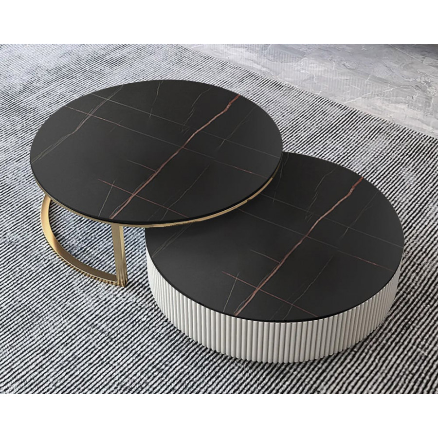 HMR Round 2-Piece Sintered Stone Top Nesting Coffee Table with Drawer - Black/Gold