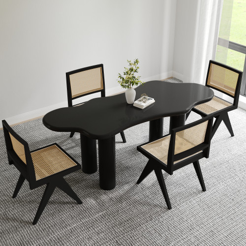 HMR Dining Set 70.9" Japandi Irregular Wood Dining Table Black with 4 Chairs - Black, Style A, With 4 Chairs