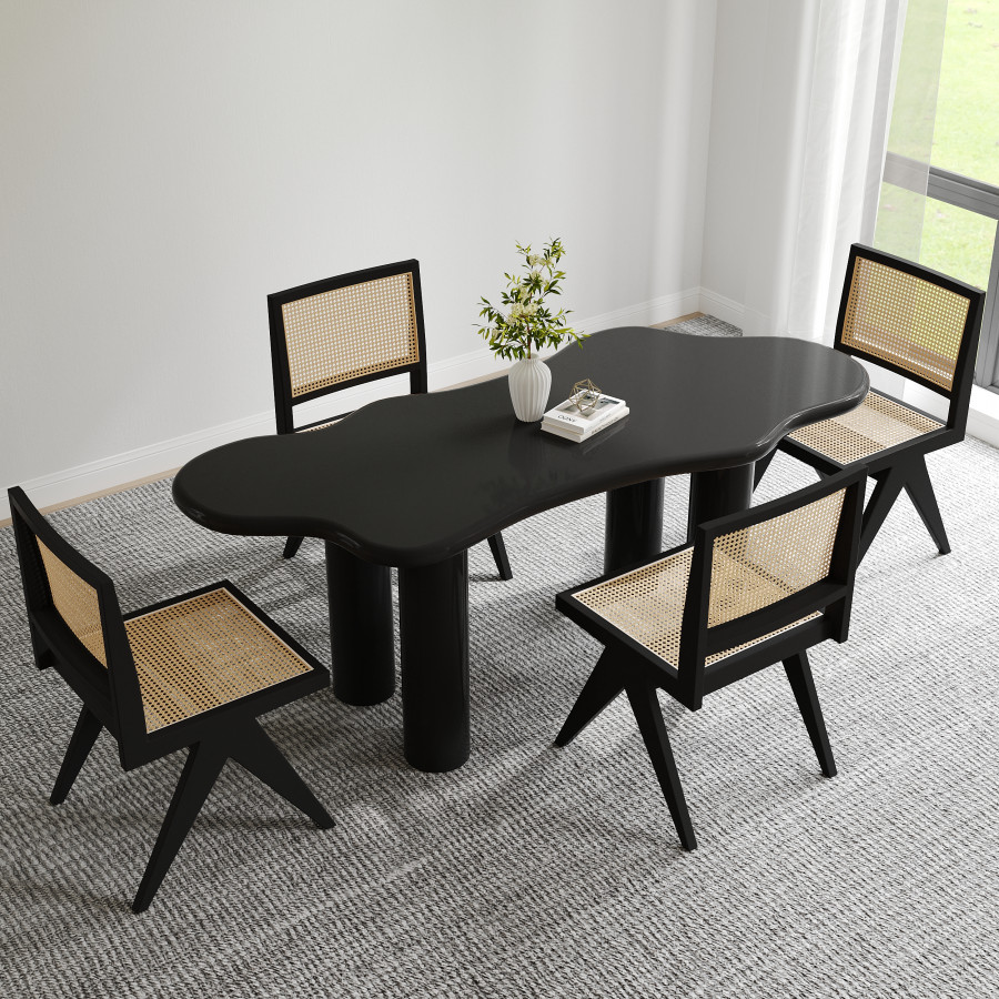 HMR Dining Set 70.9" Japandi Irregular Wood Dining Table Black with 4 Chairs - Black, Style A, With 4 Chairs