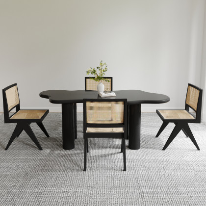 HMR Dining Set 70.9" Japandi Irregular Wood Dining Table Black with 4 Chairs - Black, Style A, With 4 Chairs