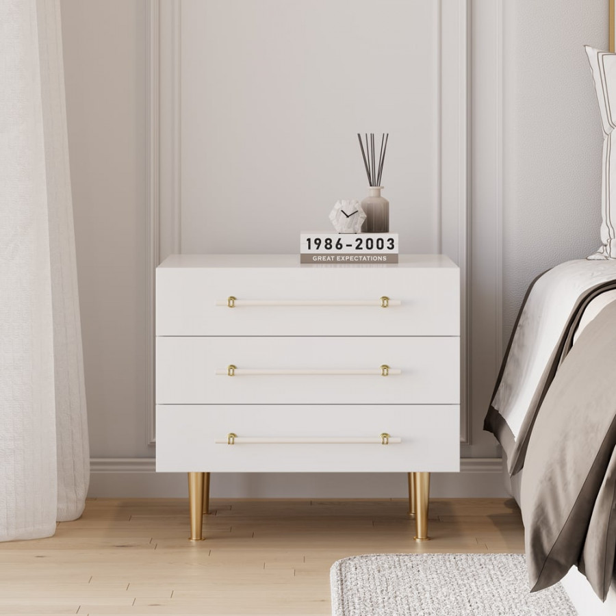 HMR - Modern White 3 Drawer Nightstand Bedside Table with Storage